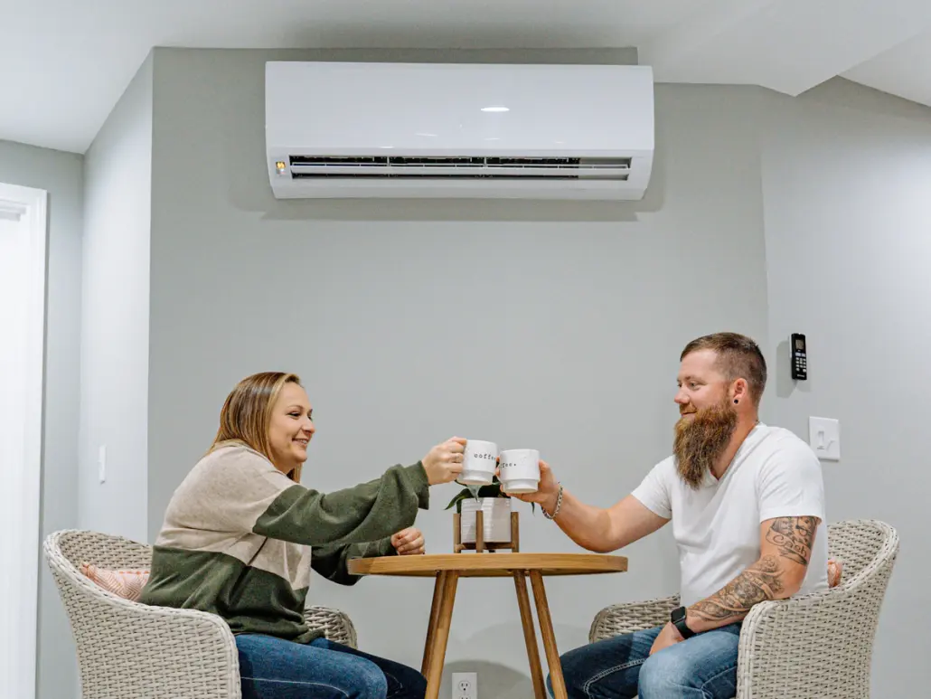 Mini-split in use with couple having coffee nearby