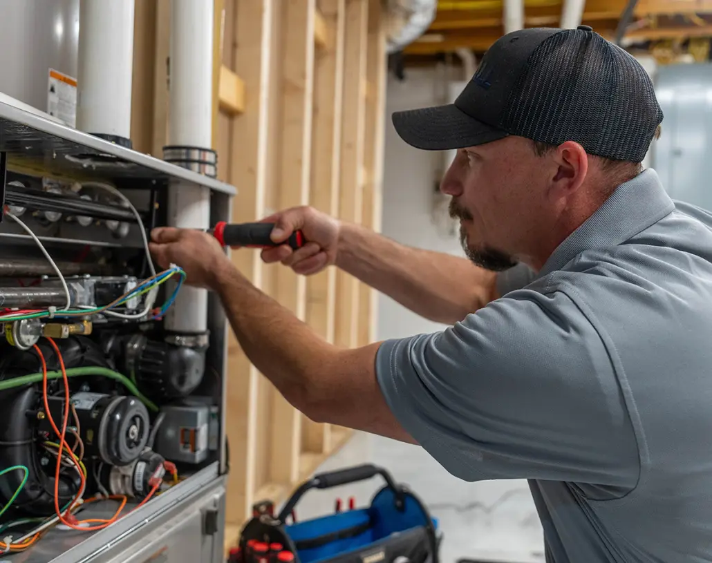 Hall HVAC technician working on an indoor furnace