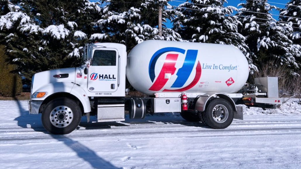 Hall propane tankwagon making a delivery in the snow in Virginia and North Carolina