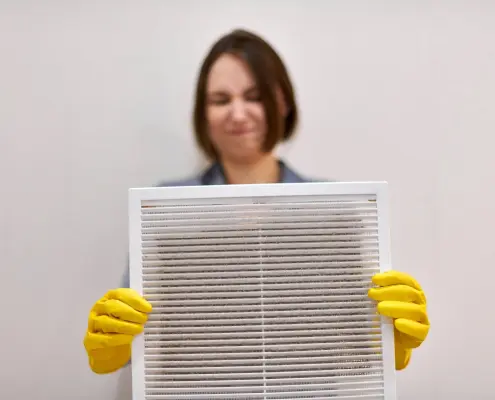 Woman holding dirty and dusty air filter