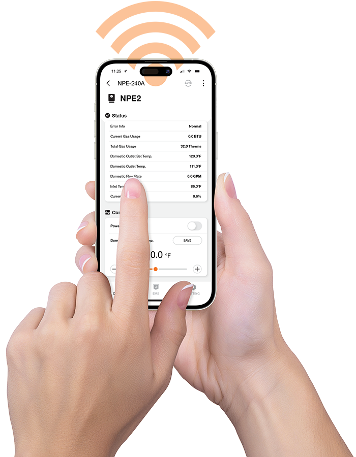 Person using NaviLink Lite app to control tankless hot water heater temperature