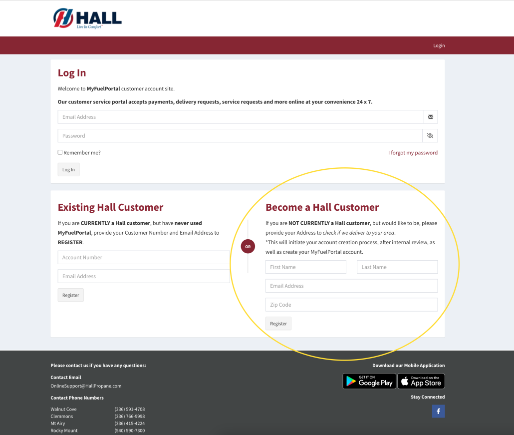 Screenshot of MyFuelPortal with a yellow circle around the Become-A-Customer form